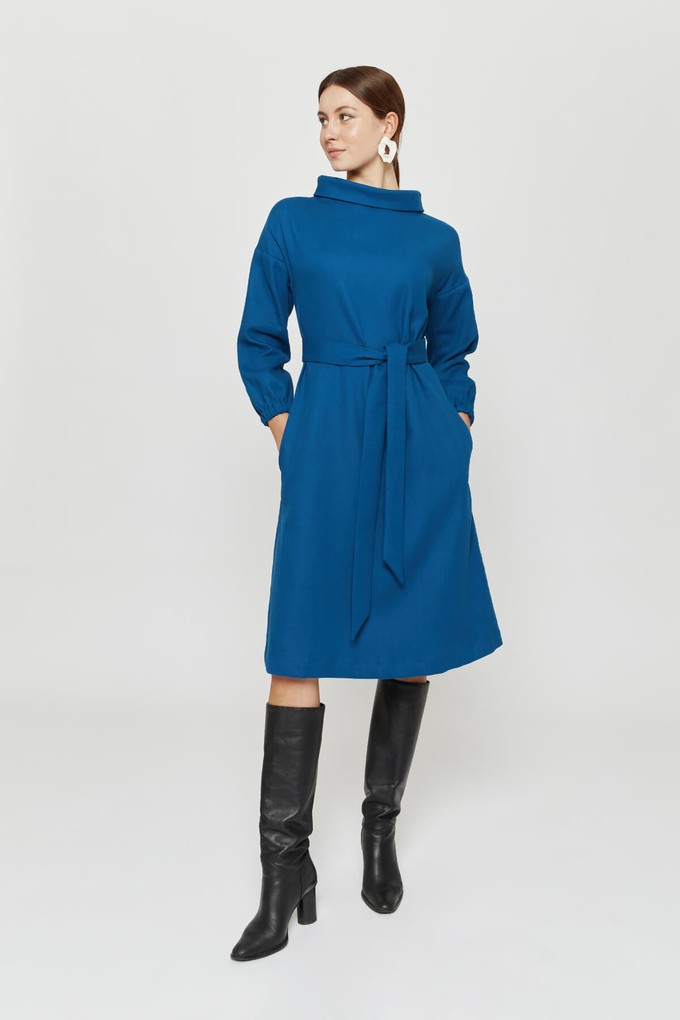 Amalia | Midi Winter Dress with High Rounded Neckline in Petrol-Blue from AYANI