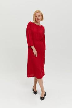 Lusin | Midi Linen Dress with Button-Front in Red via AYANI