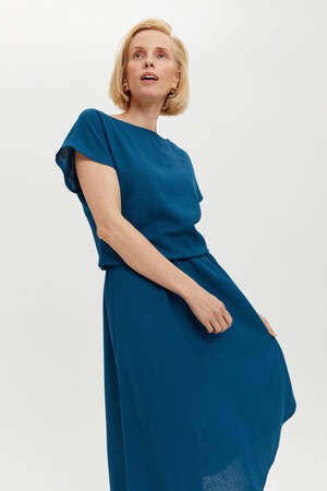 Nane | Linen Dress with Short Sleeves in Petrol-Blue from AYANI