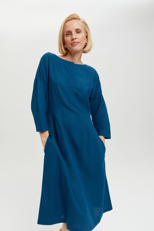 Lusin | Midi Linen Dress with Button-Front in Petrol-Blue from AYANI