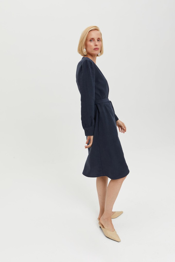 Sophie | Classy Wrap Dress with Puff Sleeves and Tie Waist in Dark Blue from AYANI