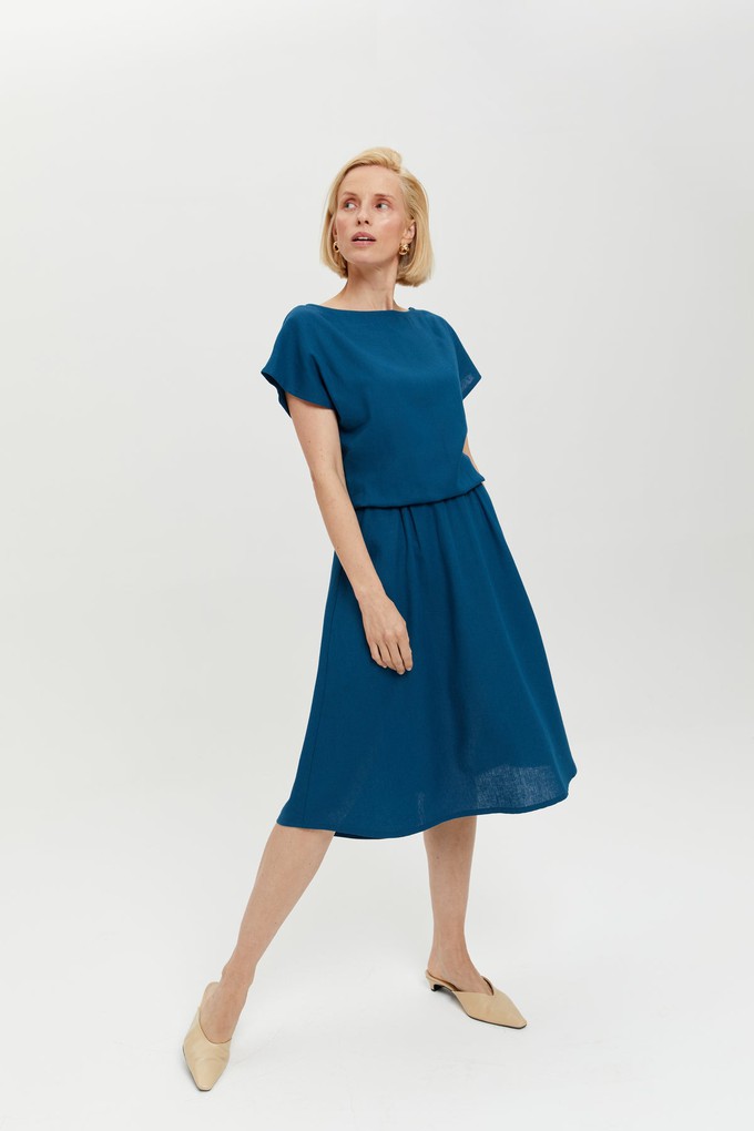 Nane | Linen Dress with Short Sleeves in Petrol-Blue from AYANI