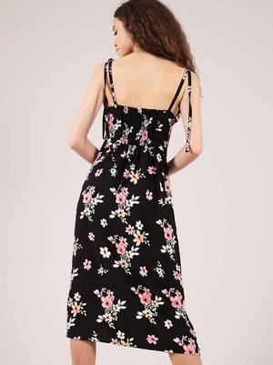 Flower Power Midi Dress with Slit, Upcycled Viscose, in Black Flower Print from blondegonerogue