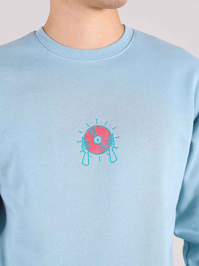 Disco Cult Embroidered Mens Sweatshirt, Organic Cotton, in Light Blue from blondegonerogue