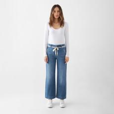 DEW Flared Cropped Soft Denim - French Pocket - Medium Blue via DAWN Denim