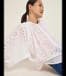 LANIUS •• Geborduurde blouse met ruches | Off white - Anglaise | Stickereibluse mit Krauseln via De Groene Knoop