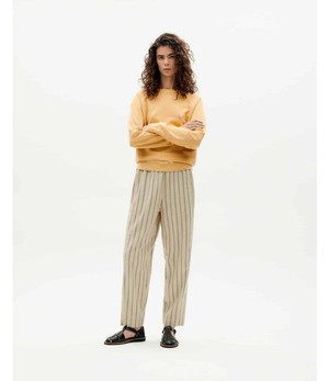 THINKING MU •• Grey striped Esther pants from De Groene Knoop