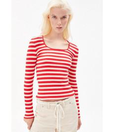 ARMEDANGELS •• ALAANI CREWNECK STRIPED | dark poppy-oatmilk via De Groene Knoop