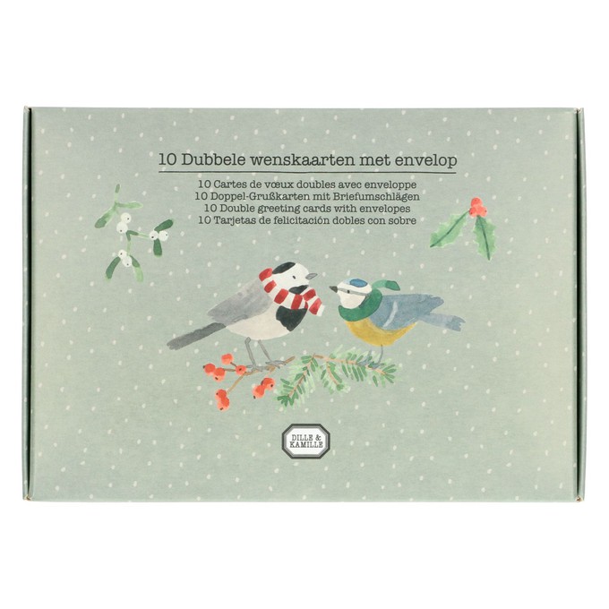 Kerstkaart + envelop, dieren en bessentakjes, set van 10 in doos from Dille & Kamille