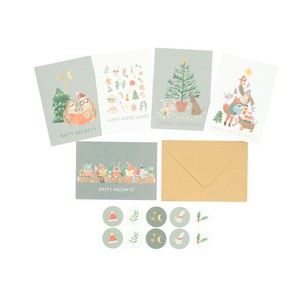 Kerstkaart + envelop, kerstdieren, set van 10 in doos from Dille & Kamille