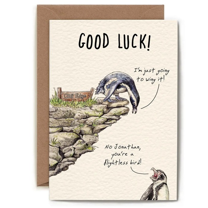 Wenskaart pinguïn “Good Luck” from Fairy Positron