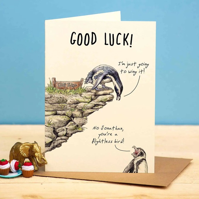 Wenskaart pinguïn “Good Luck” from Fairy Positron