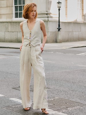 Celeste Floral Linen Trousers in Beige from Fanfare Label