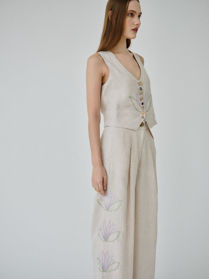 Celeste Floral Linen Trousers in Beige from Fanfare Label