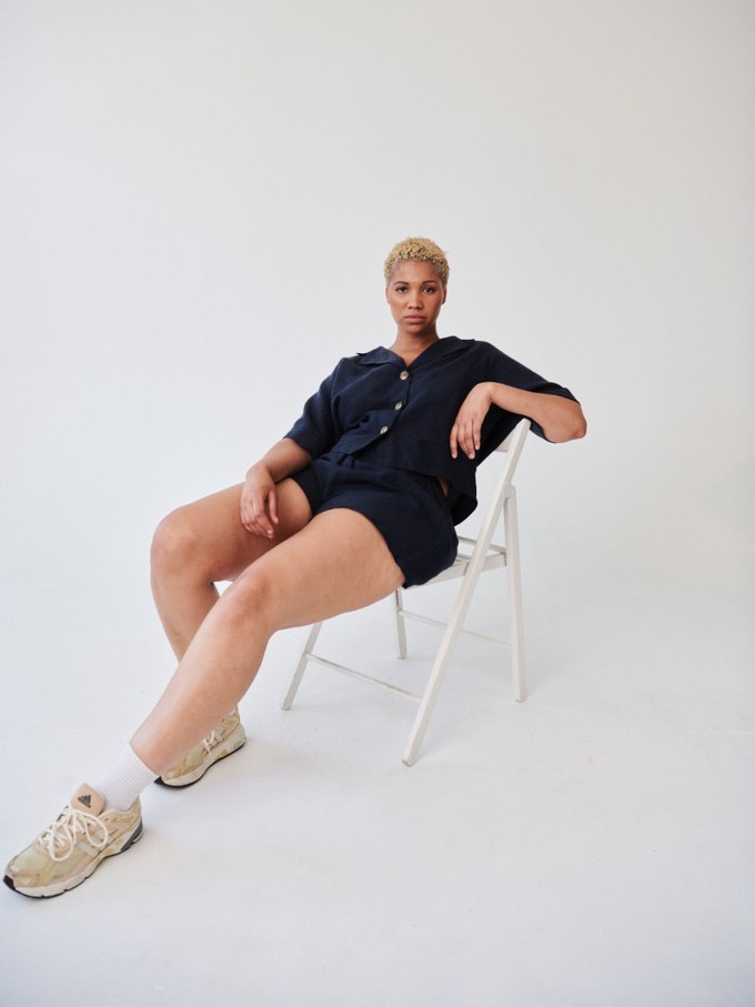 Ethically Made Navy Linen Lounge Co-ord Short Set from Fanfare Label