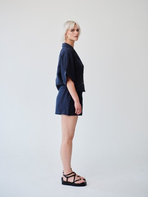 Ethically Made Navy Linen Lounge Co-ord Short Set from Fanfare Label