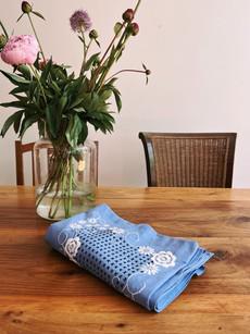 MELIDIA: Wrap Skirt in Blue / White Embroidery tablecloths mix - One size via Fitolojio Workshop
