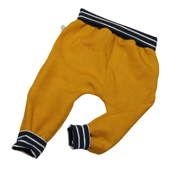 Organic hemp kids trousers with groth adaption saffron + stripes from Frija Omina