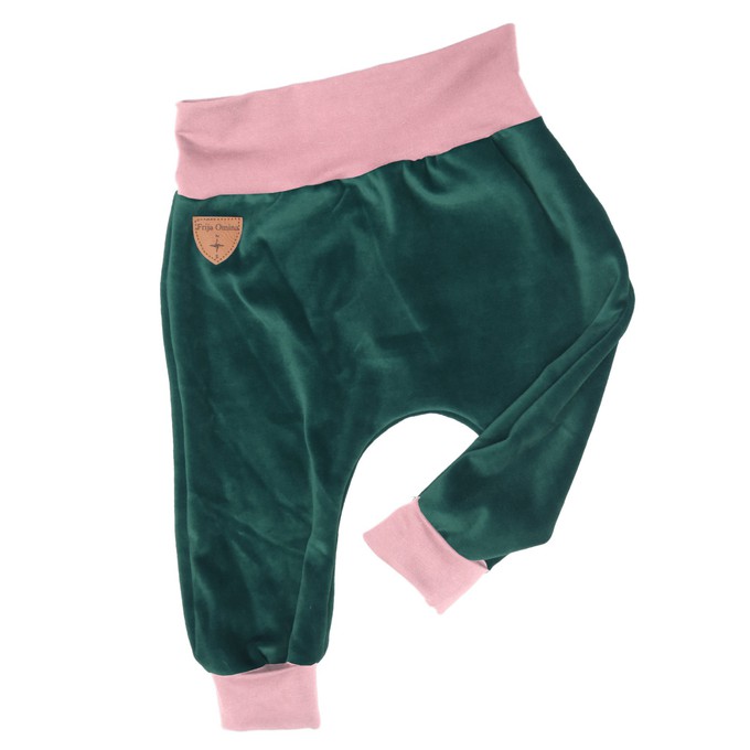 Organic velour pants Hygge mini with growth adaption, smaragd + pink from Frija Omina