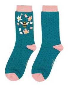 Bamboe sokken dames bloemetjes en bijtjes - teal via Lotika