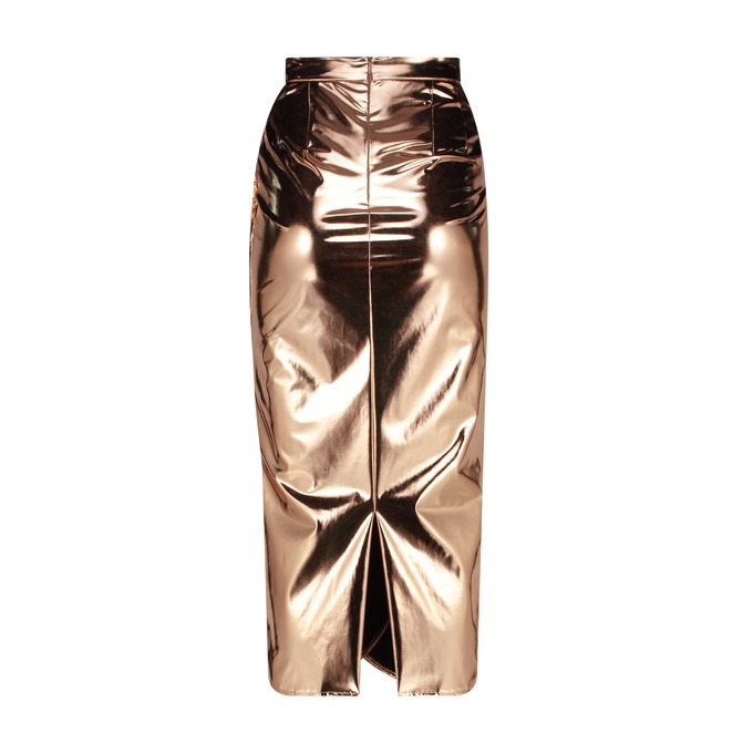 LONG LIQUID BRONZE DRAPED SKIRT from MONIQUE SINGH