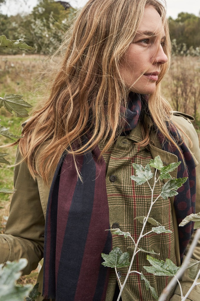 Recycled Double Faced Wool Burgundy Navy Spot Classic Scarf from Neem London