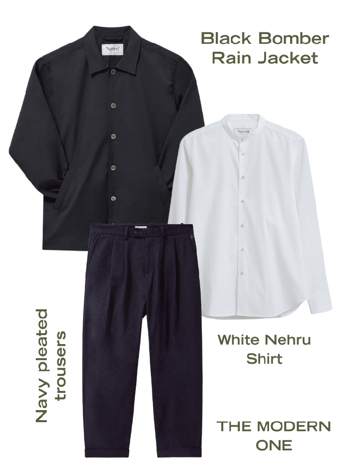 Set 1: Neem Black Bomber Rain Jacket + White Nehru Shirt + Navy Soft Pleated Trousers from Neem London