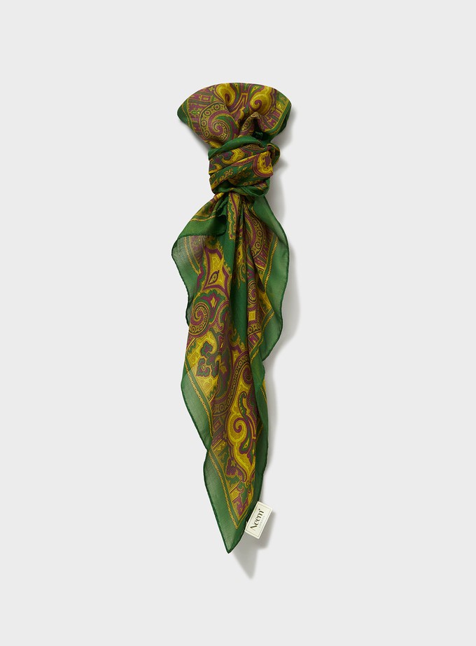 Biodegradable Italian Tencel Green Motif and Mustard Print Neck Scarf from Neem London