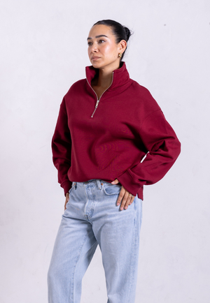 Organic Cotton Quarter Zip Sweatshirt, Ruby Wine from Not Basics