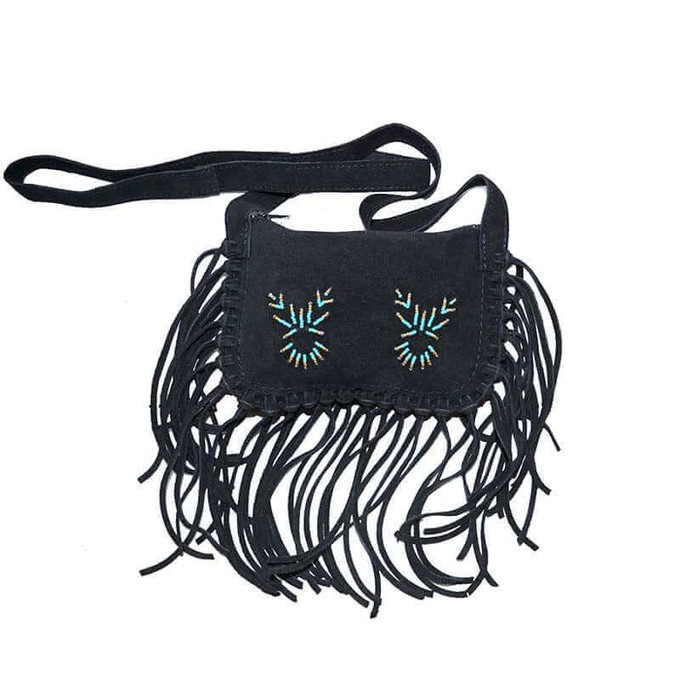 Fringed Shoulder Bag Black - Hiawatha - Handmade in Canada from Quetzal Artisan