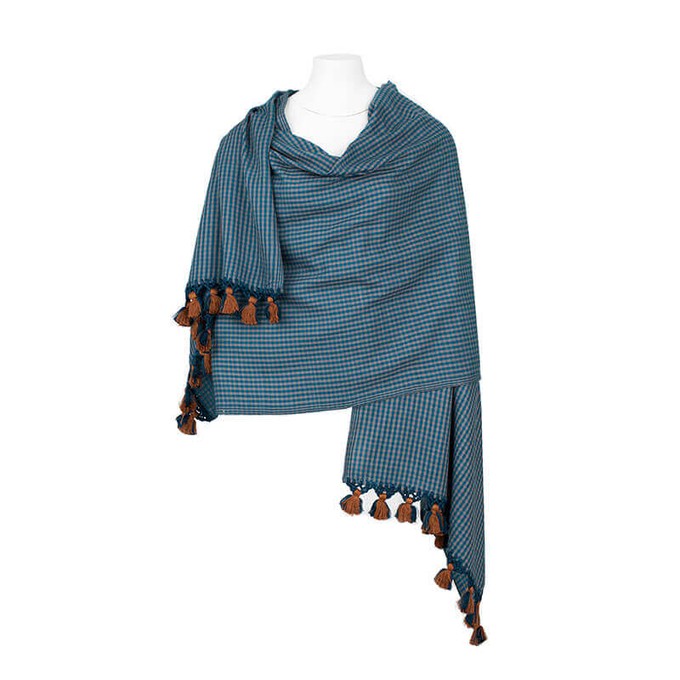 Shawl Blue with Pom poms - Oversized - Elegant and Fairtrade from Quetzal Artisan