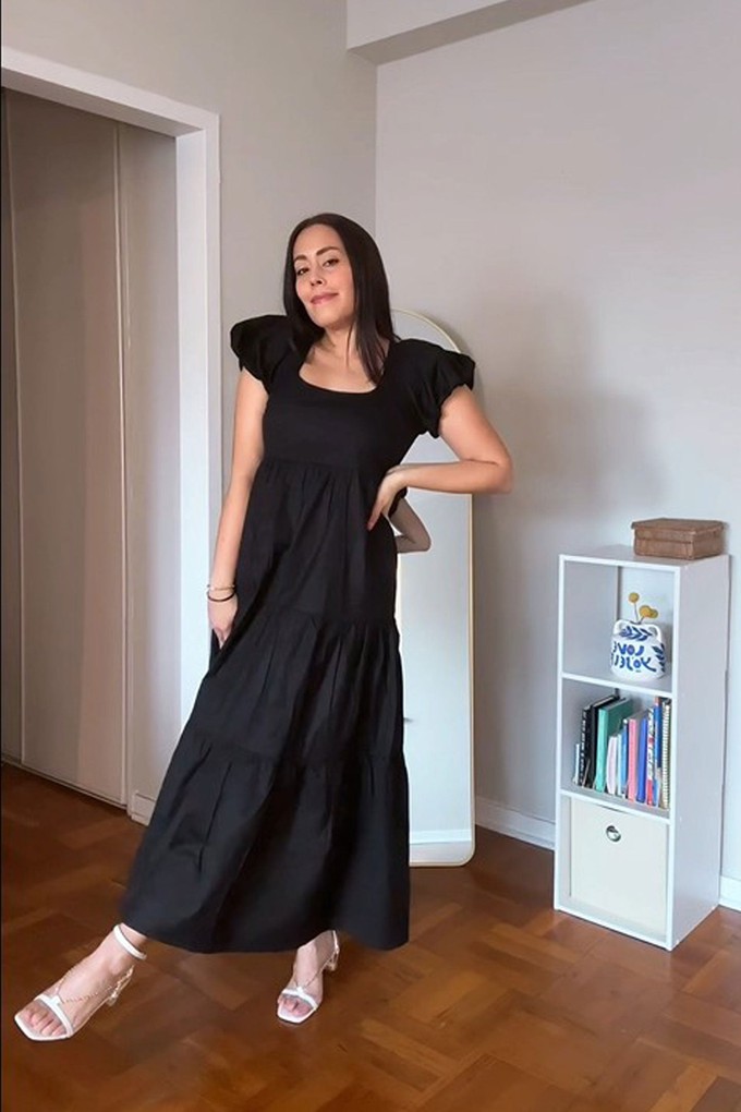 Puff Sleeve Tiered Maxi Dress in Black from Reistor