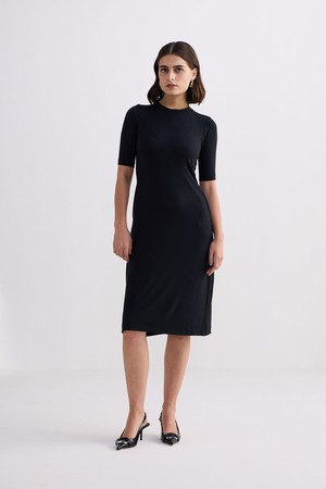 High Crew Neck Elbow Sleeves Fitted Dress in Black from Reistor