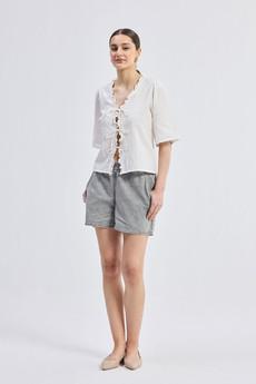 Relaxed Fit Top With Ruffles and Front-Ties in White via Reistor