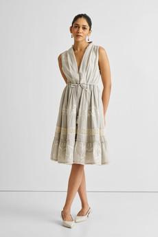 Embroidered Drawstring Gathered Dress in Grey via Reistor