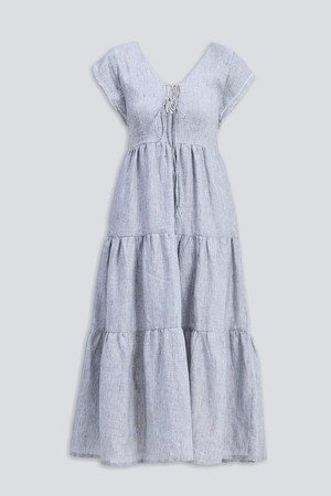 Gathered Tiered Dress with Front-ties - Linen stripes from Reistor