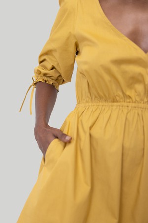 Gathered Elbow Sleeve Short Dress in Mustard from Reistor