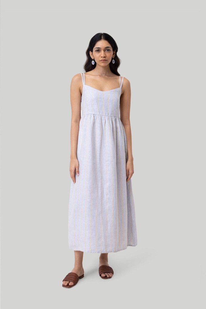 Strappy Gathered Midi Dress in Linen Stripes from Reistor