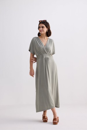 Flowy A-Line Maxi Dress with Side Slits in Light Olive from Reistor