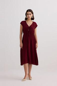 Deep V-neck Gathered Dress in Burgundy via Reistor