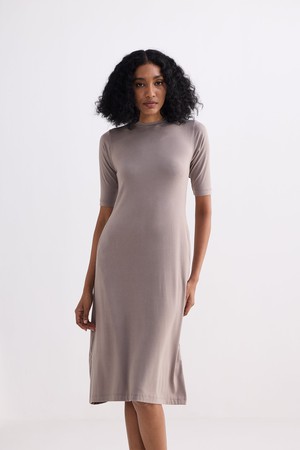 High Crew Neck Elbow Sleeves Fitted Dress in Dusty Brown from Reistor