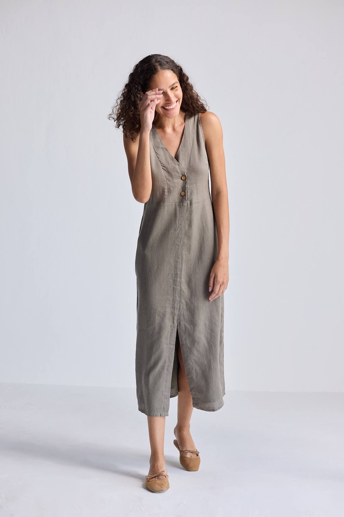 Straight Dress with Front Slit in Dark Green Hemp from Reistor