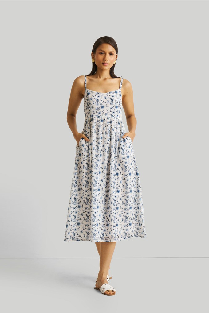 Strappy Gathered Blue Floral Midi Dress from Reistor