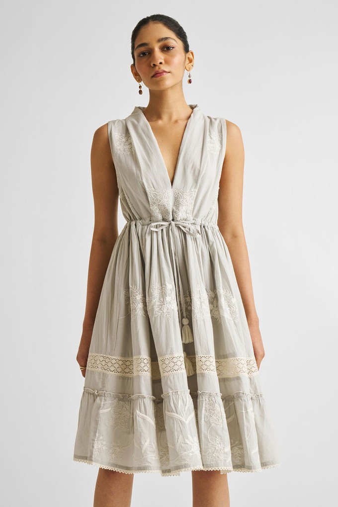 Embroidered Drawstring Gathered Dress in Grey from Reistor