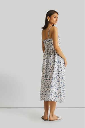 Strappy Gathered Blue Floral Midi Dress from Reistor