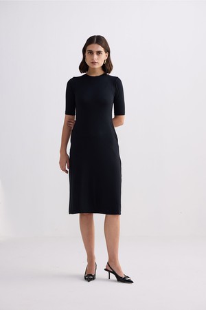 High Crew Neck Elbow Sleeves Fitted Dress in Black from Reistor