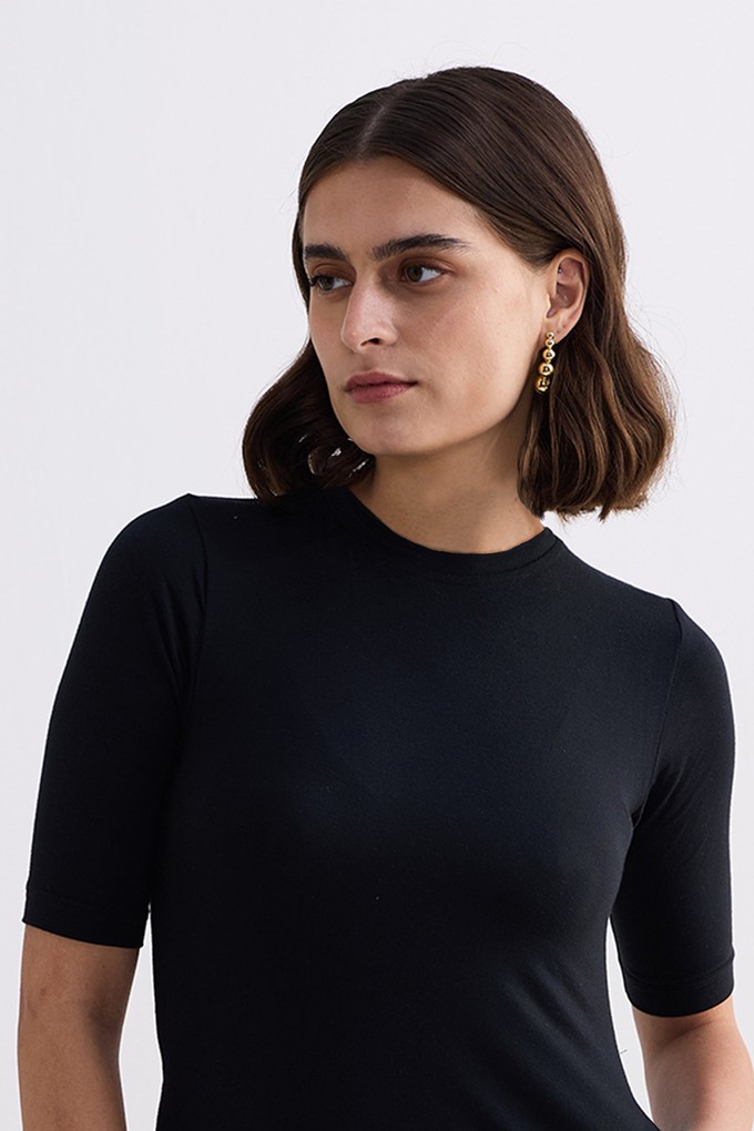 High Crew Neck Elbow Sleeves Fitted Dress in Black from Reistor