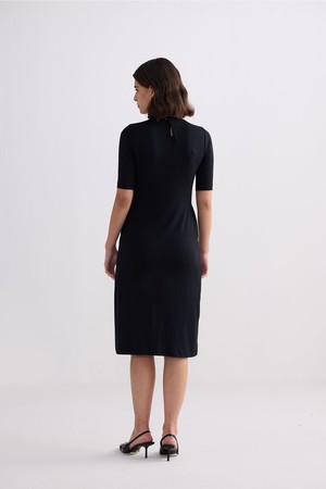 High Crew Neck Elbow Sleeves Fitted Dress in Black from Reistor