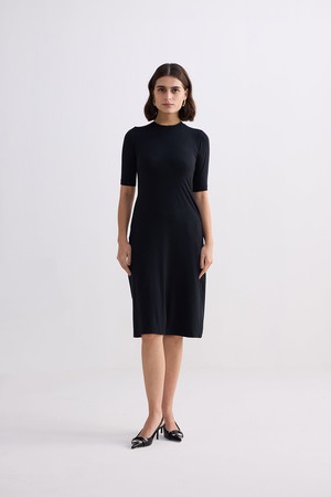 High Crew Neck Elbow Sleeves Fitted Dress in Black from Reistor