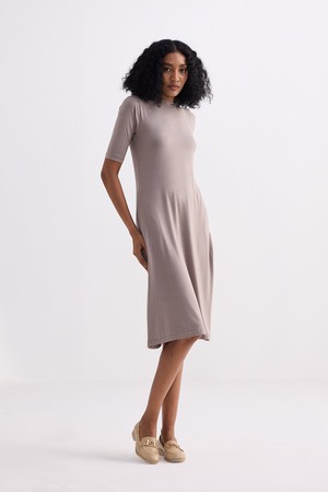 High Crew Neck Elbow Sleeves Fitted Dress in Dusty Brown from Reistor